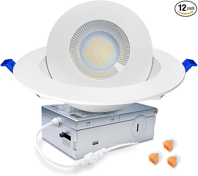 zouzai 5CCT LED Gimbal Led Recessed Light with Junction Box, 360ยฐ+90ยฐ Adjustable Directional Eyeball Lighting, Dimmable, 2700K/3000K/3500K/4000K/5000K,ETL&Energy Star (6 inch, White 1 Pack)