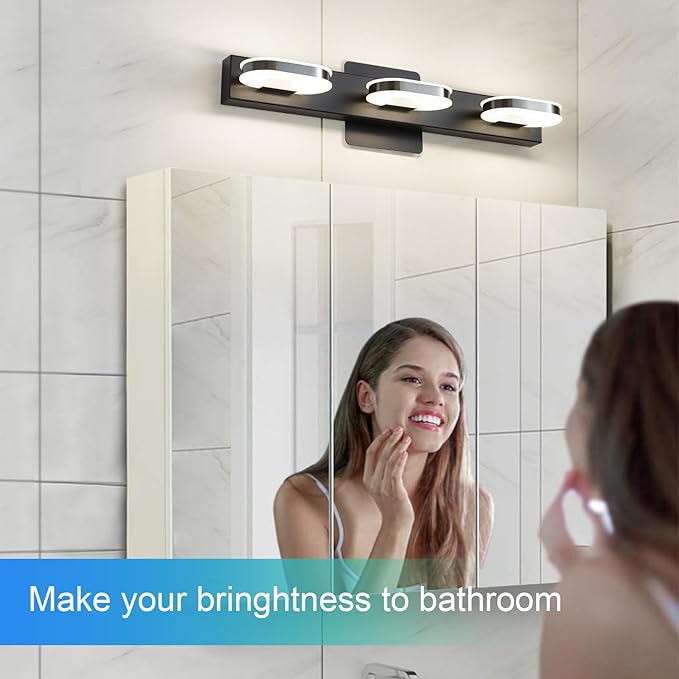 Modern LED 3 Lights Vanity Light for Bathroom Modern Vanity Light Fixture Wall Sconce 19 Inch Natural White Light (Black)