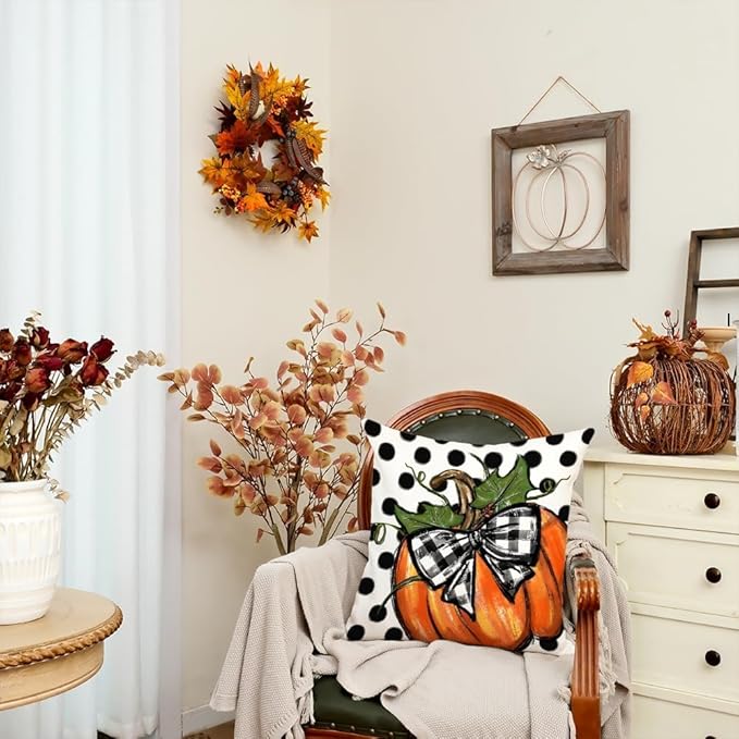AACORS Fall Throw Pillow Cover 18x18 Inch Polka Dots Pumpkin Decor Autumn Farmhouse Seasonal Pillow Case Decoration for Home Sofa Couch AA279-18