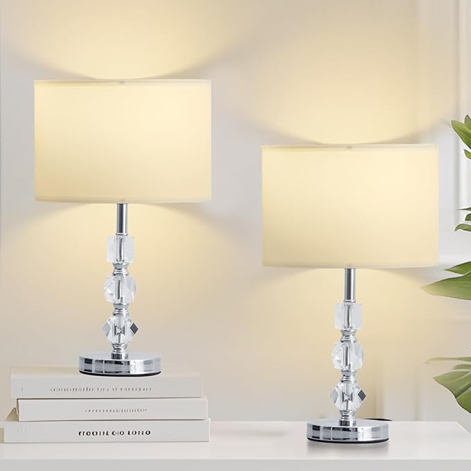 Crystal Table Lamps Set of 2, 3-Color Dimmable Modern Bedside Lamp for Livingroom/Bedroom/Entryway and Other Rooms, Led Bulb Included