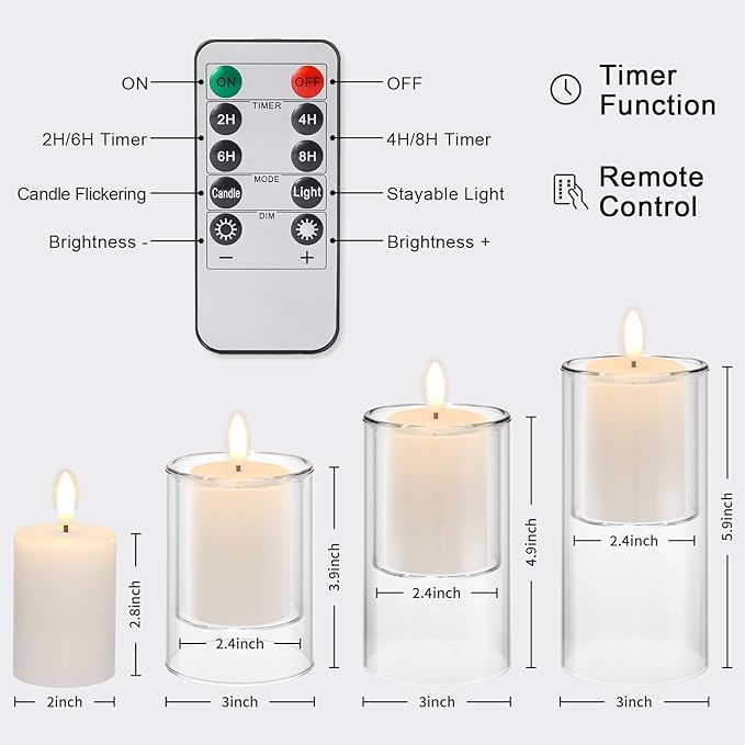 NURADA Flameless Candles with Remote Timer - Glass Real Wax 3D Wick LED Pillar Votive Candle Set Battery Operated Flickering Light for Home Christmas Decoration - White 3 Pack