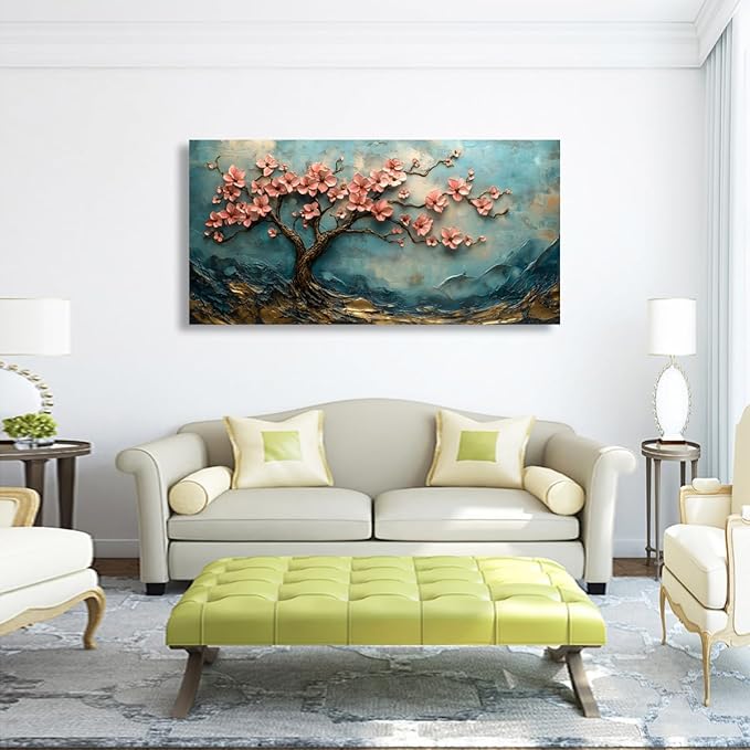 Tree of Life Pink Flowers and Golden Trees Pictures Canvas Wall Art for Living room Office Bedroom Teal Mountain Abstract Wall Decor Art Print Paintings Modern Plum Blossom Artwork -20x40inch