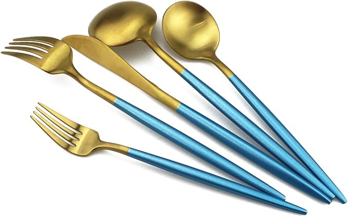 Gugrida Blue Gold Flatware, Royal 20 Piece Matte Blue Handle 18/10 Stainless Steel Tableware Sets for 4 Including Forks Spoons Knives, Camping Silverware Travel Utensils Set Cutlery (Blue Gold)