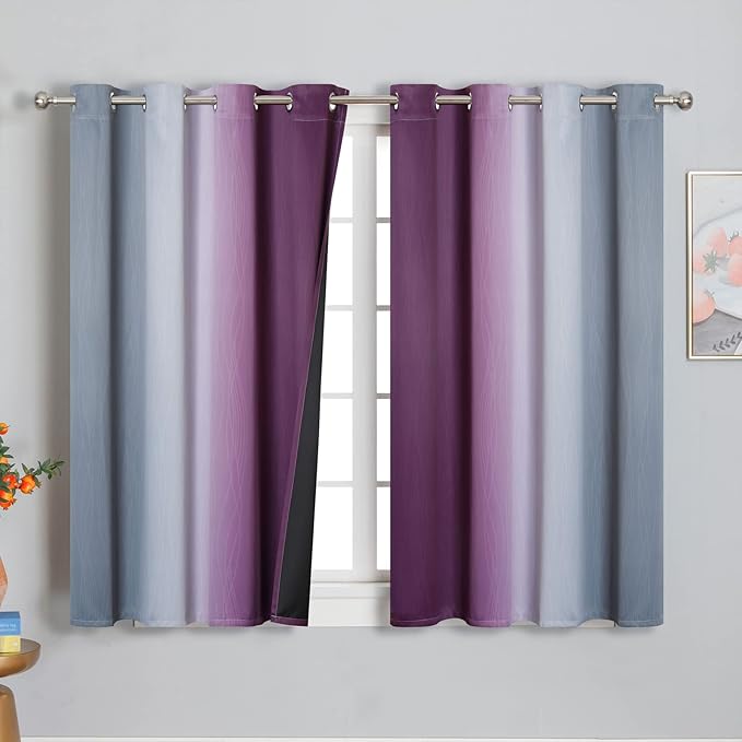 Purple and Grey Blackout Curtains 45 Inches Long,Ombre and Wavy Line Pattern 100% Blackout Curtains for Bedroom,Full Light Blocking Grommet Thermal Insulated Drapes for Kids Room, 52x45 Inch, 2 Panels