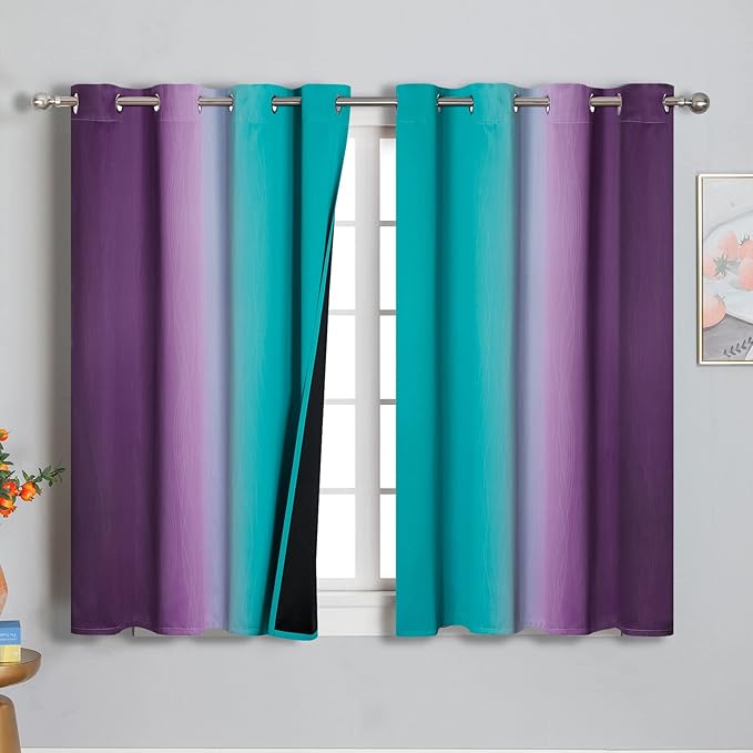 Estelar Textiler Ombre Teal and Purple Blackout Curtains 45 Inch Length 2 panels, Grommet Thermal Insulated Gradient Drapes for Kids Room, Full Light Blocking Blackout Curtains for Bedroom, 52x45 Inch