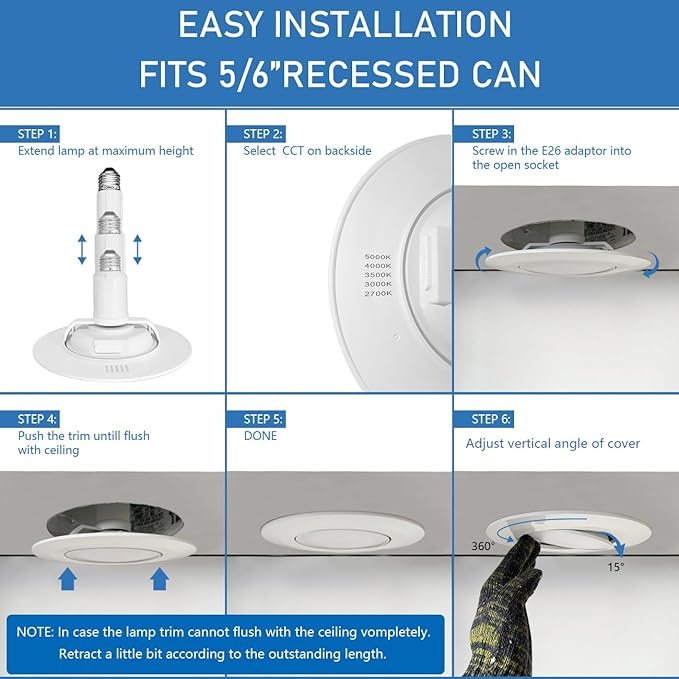 Jolux 4 Pack 5/6 Inch 5CCT LED Can Light Gimbal Retrofit Recessed Downlight, Adjustable Angle, Recessed Lighting CCTSelectable 2700K/3000K/3500K/4000K/5000K,12W=60W,800LM, Dimmable, E26 Base.