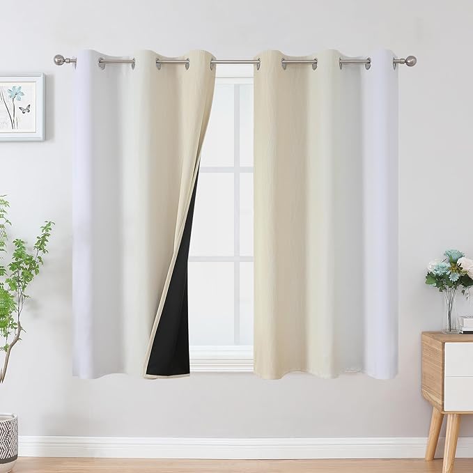 Estelar Textiler Beige and Greyish White Ombre Blackout Curtains 45 Inch Length 2 Panels, Full Room Darkening Gradient Drapes for Kitchen, Thermal Insulated Grommet Short Curtains for Bathroom,42Wx45L