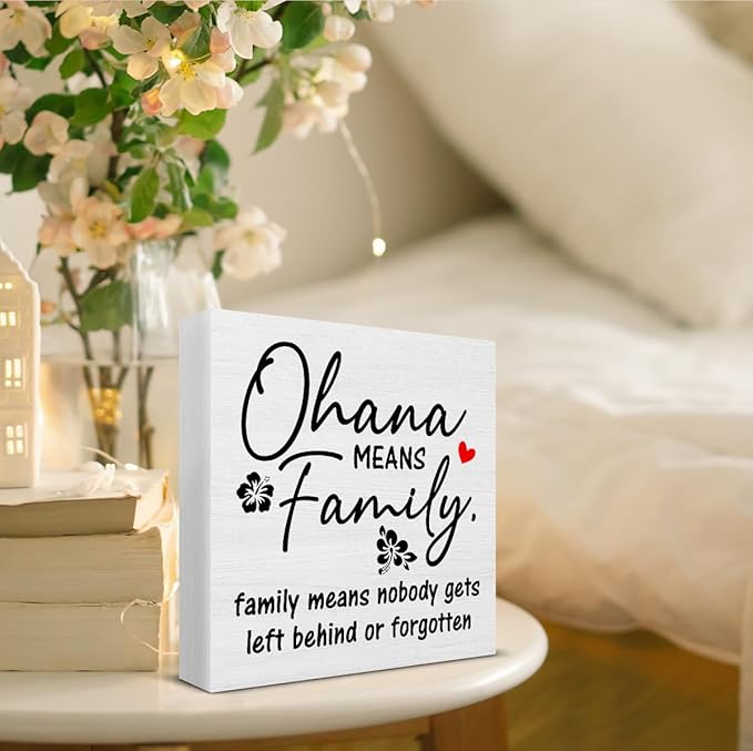 Family Signs for Home Decor, Farmhouse Ohana Means Family Wood Sign Home Living Room Hallway Bedroom Kitchen Desk Shelf Table Decoration 5 X 5 Inch