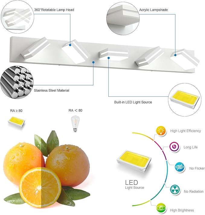 SineRise LED Modern Bathroom Vanity Light Fixtures (5-Light, 40-Inch, Dimmable), Matte White Modern Acrylic Bathroom Wall Lighting Fixtures Over Mirror (Cool White 6000K)