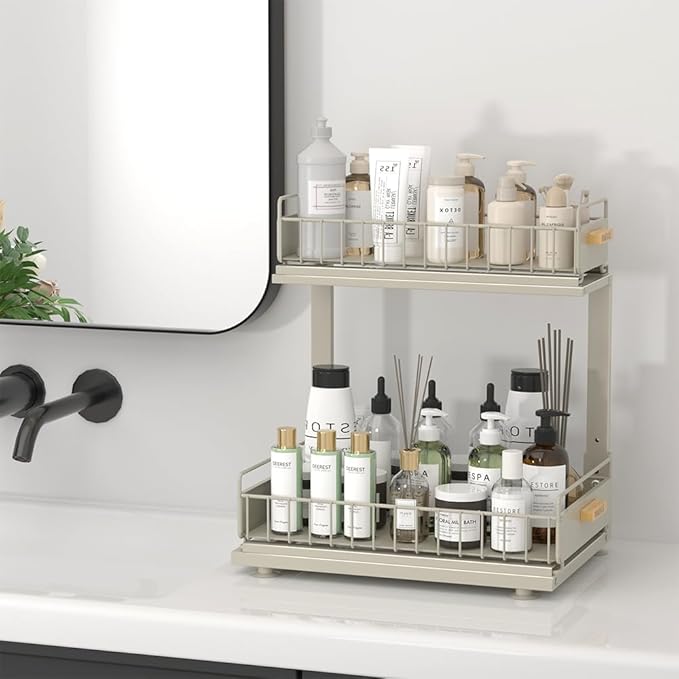 Under Sink Organizer, Pull Out Kitchen Cabinet Organizer 2 Tier Slide Out Under Sink Organizers and Storage, Sink Shelf Cabinet Storage Shelves for Kitchen Bathroom Pantry, Grey