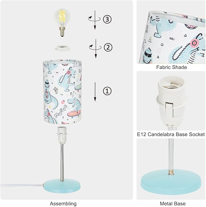 Lampwell Alee Small Table Lamp for Living Room as Bedside Table Lamp for Bedroom,Set of 2,Modern Kids Night Table Lamp,Φ4.33×H12.21IN,Bulb Excluded,Light Blue Dinosaur