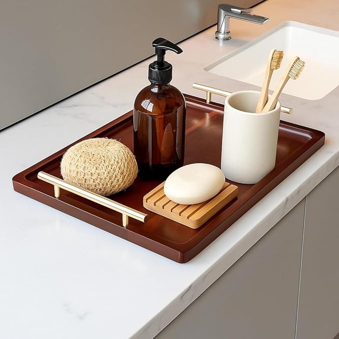 Acacia Wood Serving Tray – 17" x 13" Ottoman Tray with Metal Handles for Coffee Table, Breakfast, Snacks, Tea, Food – Decorative Wooden Tray for Kitchen, Living Room & Bedroom