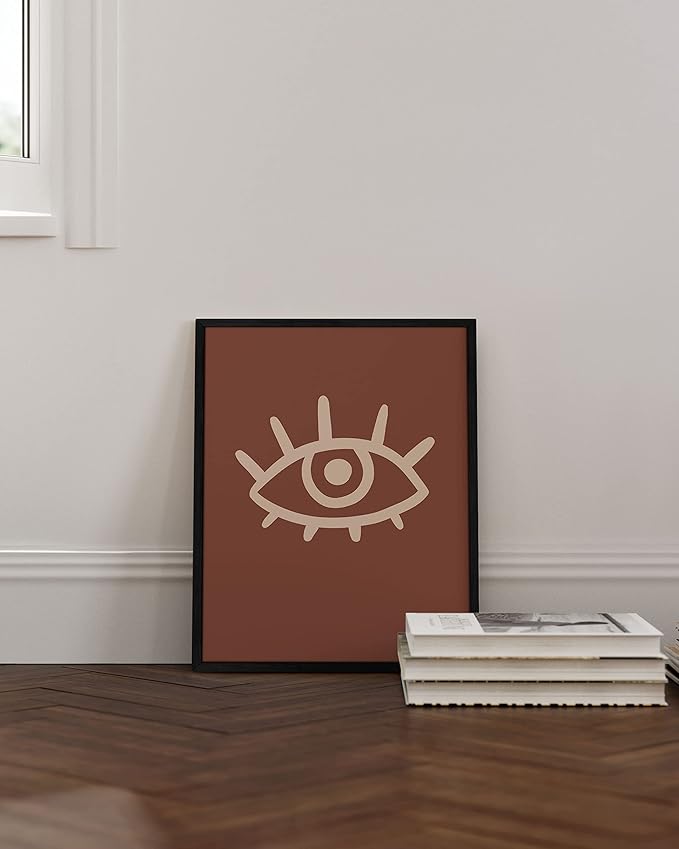 HAUS AND HUES Boho Posters Mid Century Modern Wall Decor - Abstract Art Prints Midcentury Modern Decor Boho Wall Decor Minimalist Dark Clay Eye with Eye Lashes (16x20 Framed Black)