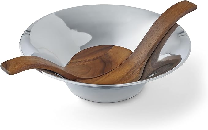 Nambé Round Salad Bowl with Acacia Wood Servers – Contemporary Alloy Serving Dish for Salads, Pasta, or Hors d’Oeuvres, Elegant Centerpiece for Dining Table, Buffet, or Kitchen Display