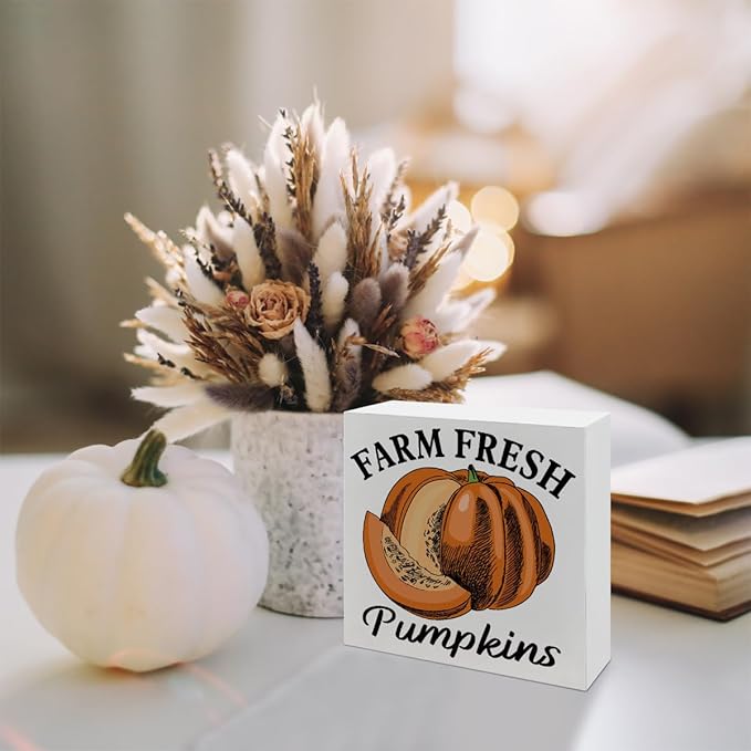 Pumpkins Decoration, Fall Decor Signs, Autumn Thanksgiving Wooden Decor, Farmhouse Home Decoration, Kitchen Decors for Shelf, Desk Decors Art, Farm Fresh Pumpkins Wood Signs A20