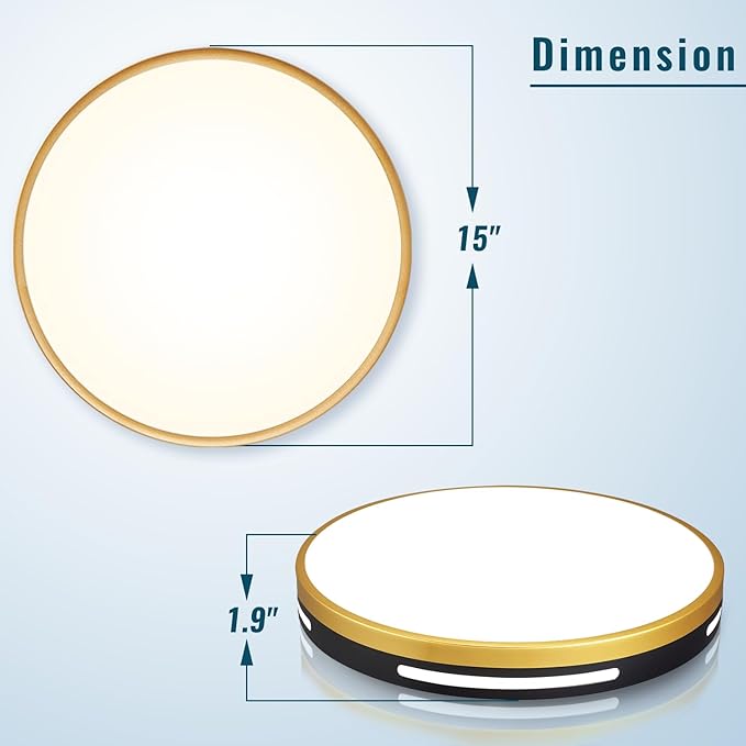 15 Inch LED Flush Mount Ceiling Light Fixture Black and Gold, 36W Dimmable Modern Kitchen, Bedroom, Bathroom, Living Room Lighting Fixture