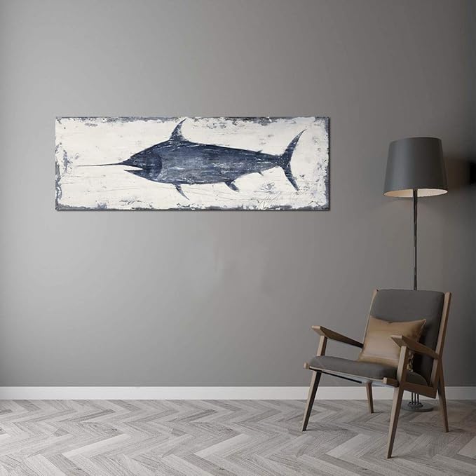 Yihui Arts Fish Canvas Art Wall Decor Blue Marlin Bursts Pictures for Living Room Contemporary Paintings Artwork House Decor