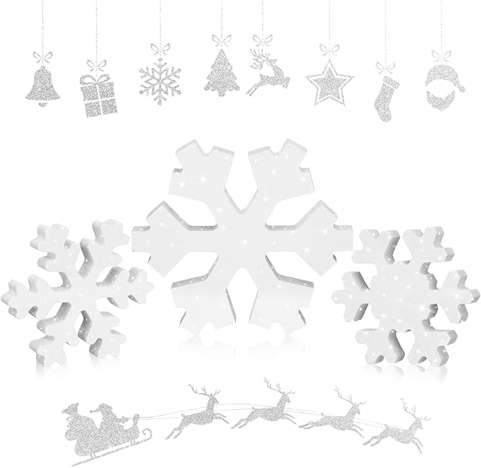Bucherry 3 Pcs Winter Wooden Snowflake Decor Rustic Winter Snowflake Table Signs Wonderland Wood Blocks Farmhouse Christmas Tiered Tray Decorations for Xmas Table Shelf(Glitter White)