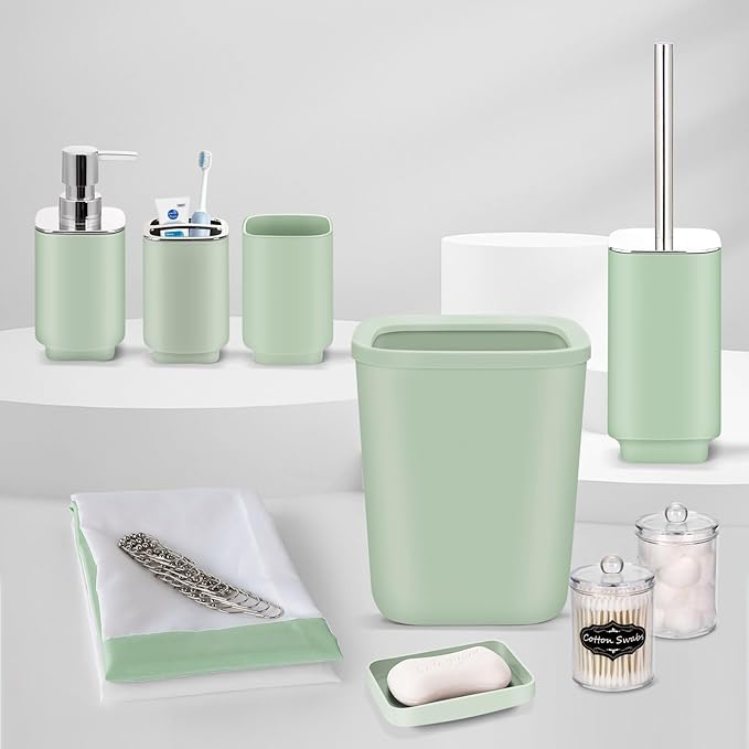 IMAVO Bathroom Accessories Set,Green Bathroom Set,9 Pieces Bathroom Accessory Set,Qtip Holders,Trash Can for Bathroom Décor and Home Gifts