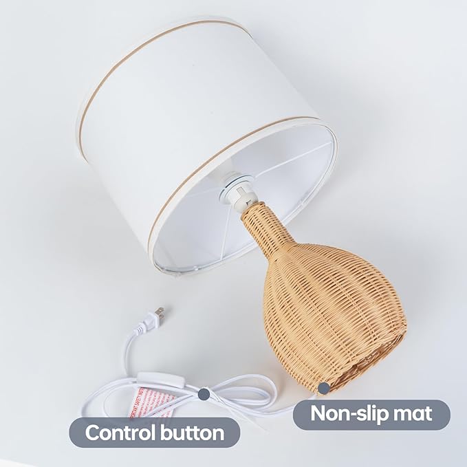Rattan Table Lamp Set of 2 - Natural Woven Design, 15W LED Bulb Included, Modern Boho Style Nightstand Lamps for Bedroom, Living Room, or Office Decor