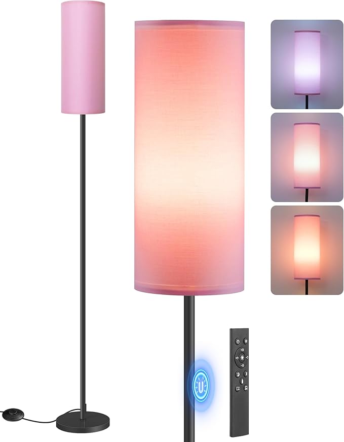 Dimmable Pink Floor Lamp for Living Room with Remote and Foot Switch, Corner Floor Lamp for Bedroom, 64.4" Standing Tall Lamp, 10W 900LM Bulb Included, 3000K-6500K, Linen Shade, FCC Listed P06LD05W1