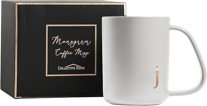 COLLECTIVE HOME - Ergonomic Handle Ceramic Mug, 15 oz Personalized Coffee Cup with Golden Initial, Microwave & Dishwasher Safe, Elegant Monogram Tea Mug in Gift Box for Home & Office (White-j)