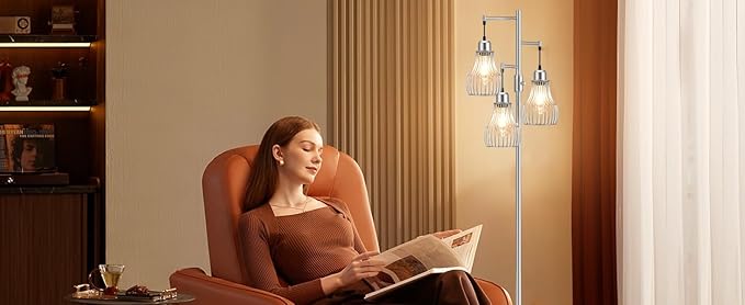 Dimmable Floor Lamp, 3 x 800LM LED Edison Bulbs Included, Farmhouse Industrial Floor Lamp Standing Tree Lamp with Elegant Cage Tall Lamps for Living Room Bedroom Office - Silver