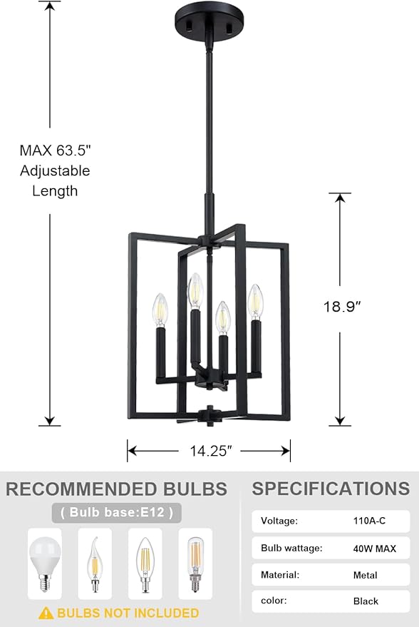 Leading Lighting 4 Light Farmhouse Chandelier Hanging Light Fixture Rustic Kitchen Island Lighting with Black Metal Frame for Entryway Dinning Room Bedroom