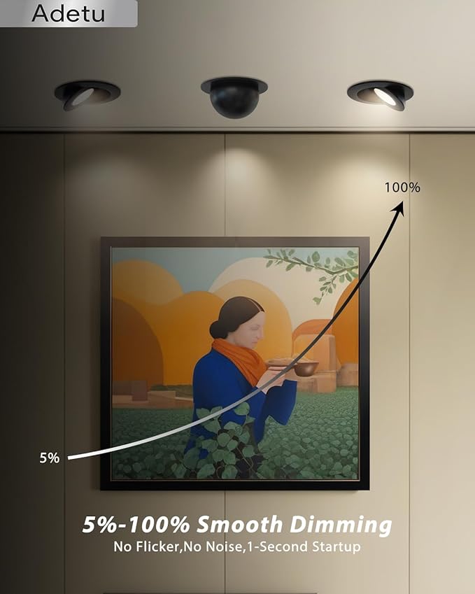 Adetu Recessed Lighting 6 inch, 360°+90° Adjustable Directional 6 inch 5CCT Gimbal Black Led Recessed Lighting, 2700K-5000K Dimmable Retrofit Eyeball Can Recessed Lights with Jbox, ET,Black (6 Pack