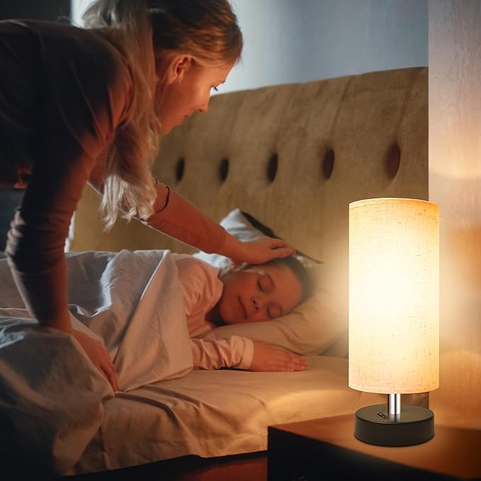 Small Lamp for Bedroom, Bedside Lamps for Night Stands, Mini Minimalist Table Lamp with Round Flaxen Fabric Shade, 11.8 Inch Desk Reading Lamp for Dorm Room Living Room Office Room, 2 Pack