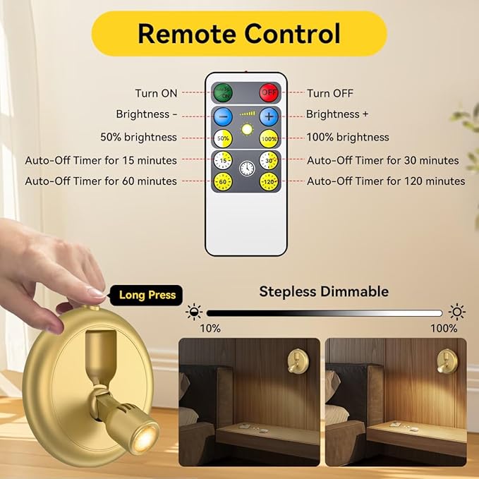 Rechargeable Battery LED Spotlight Indoor: Wireless Mini Art Accent Spot Lights with Timer Remote - Small Dimmable Uplight for Plants Display Painting Dartboard Artwork Portrait Closet (2 Pack-Gold)