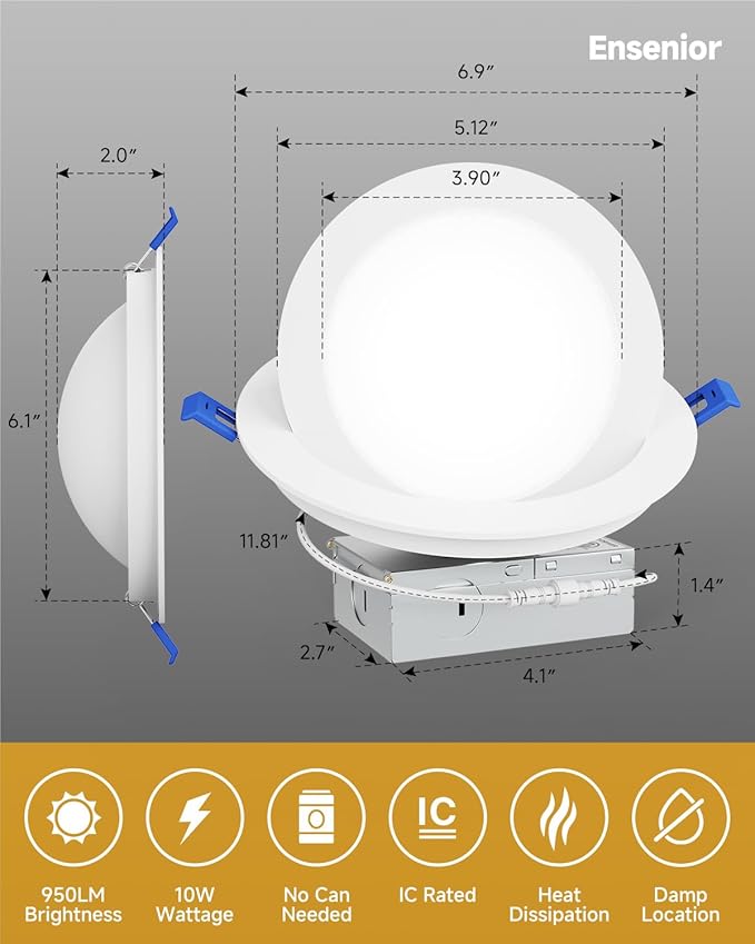 Ensenior 12 Pack 6 inch LED Eyeball Recessed Lighting, 360°+90° Rotatable and 2700K-5000K Selectable, Dimmable Gimbal Recessed Lights, Canless Angled Adjustable Ceiling Downlight, 1300LM, 13W=115W-FCC