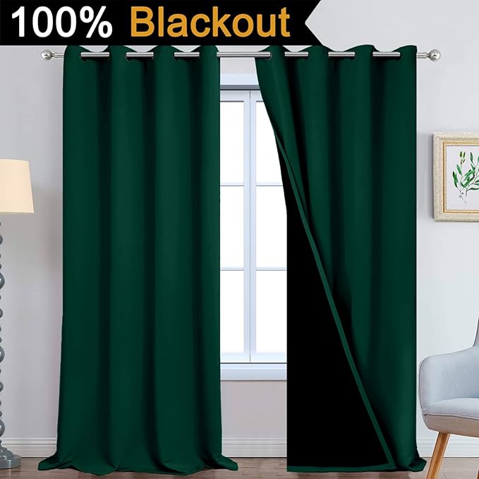 Yakamok 108 Inch Length 100% Blackout Window Curtain Panels, Full Light Blocking Drapes with Black Liner Thermal Insulated Drapes for Bedroom(52Wx108L,Dark Green, 2 Panels)