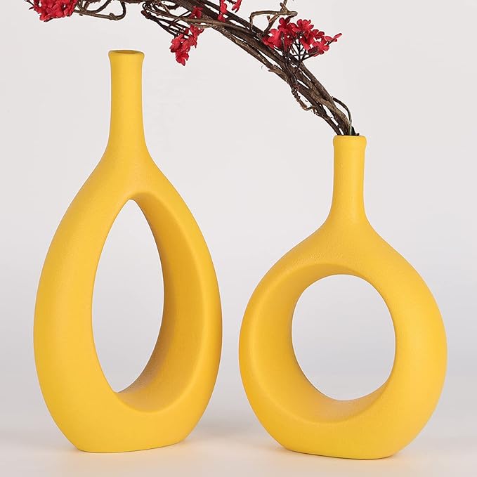 Yellow Ceramic Hollow Elliptical Vase Set of 2 - Boho Circle Vase with Hole, for Modern Yellow Table Decor, Living Room Decor Shelf mid Century Modern Home Entrance Decorative vase