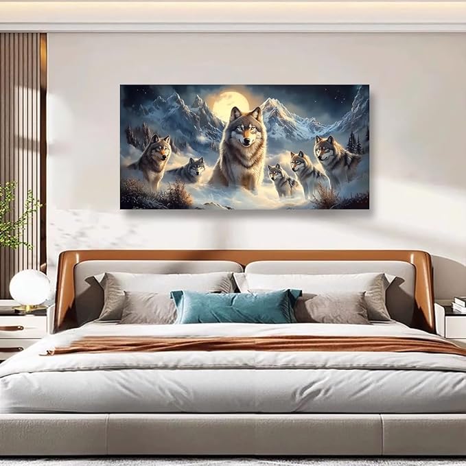Wolf Pack Pictures Canvas Wall Art for Living room Office Bedroom Wall Decor, Moon Wall Art Print Paintings Modern The Wolf Gray Zoon Artwork Waterproof Ready to Hang-20x40inch