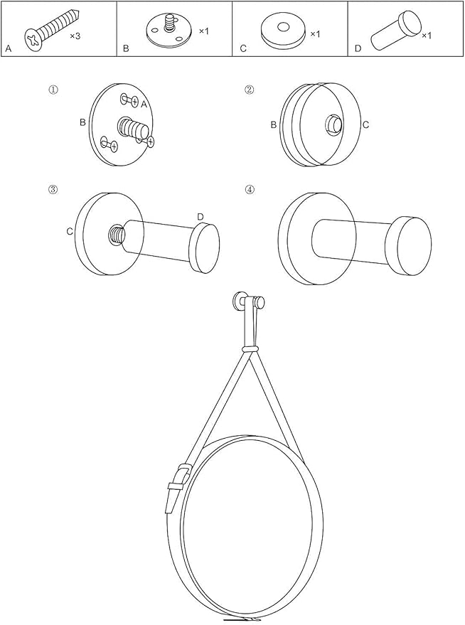 HofferRuffer Round Wall Mirror Decorative Mirror, Hanging Mirror with Hanging Strap Silver Hardware Hooker/Hanger (Black, 20'')