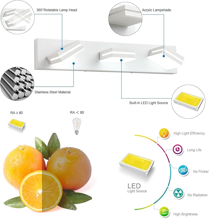 SineRise LED Modern Bathroom Vanity Light Fixtures (3-Light, 24-Inch, Dimmable), Matte White Modern Acrylic Bathroom Wall Lighting Fixtures Over Mirror (Cool White 6000K)