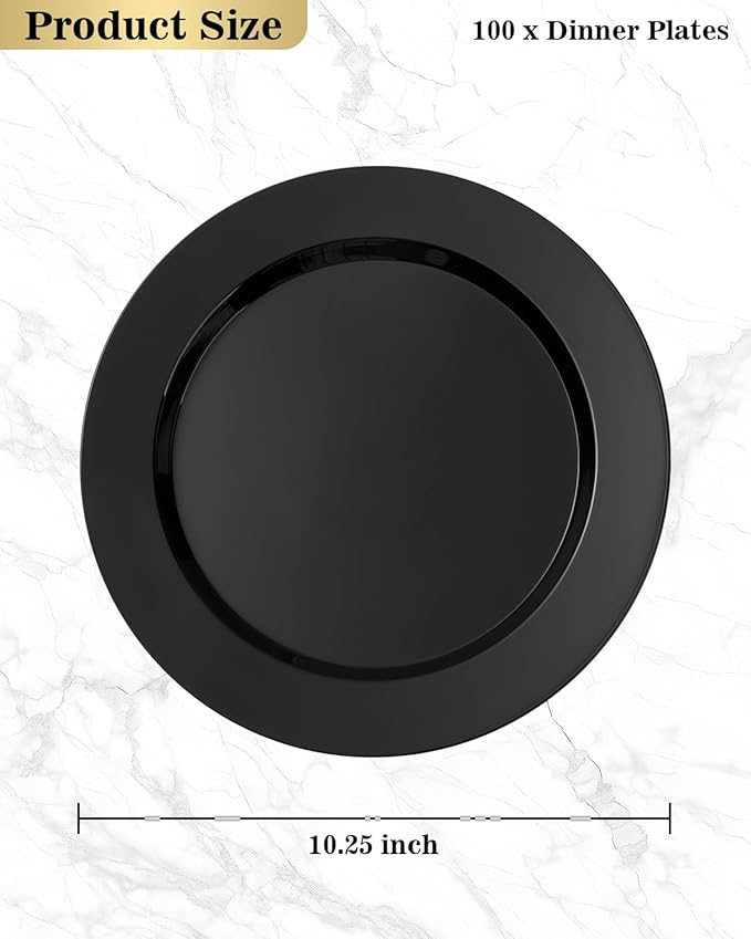 100PCS Black Plastic Plates, 10.25 Inch Disposable Dinner Plate Party, Heavy Duty Disposable Plastic Plates - Ideal for Halloween Parties, Wedding and Birthday, Everyday Use, Lunch & Dinner