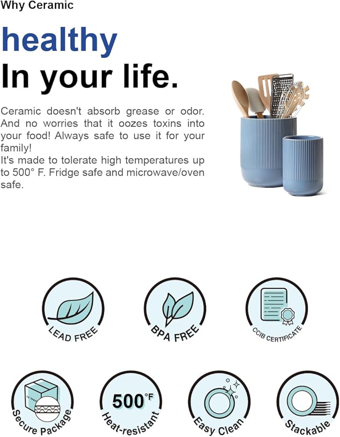 LE TAUCI Utensil Holder, 7.3"+5.4" Ceramic Kitchen Utensil Holder for Countertop, Large Cooking Utensil Crocks for Kitchen Counter, Modern Utensil Organizer for Spatula, Set of 2, Dusty Blue