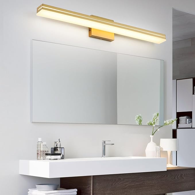 SineRise LED Modern Bathroom Vanity Light Fixtures (32-Inch, 3000K/4000K/6000K, Dimmable), Gold Modern Acrylic Bathroom Wall Lighting Fixtures Over Mirror