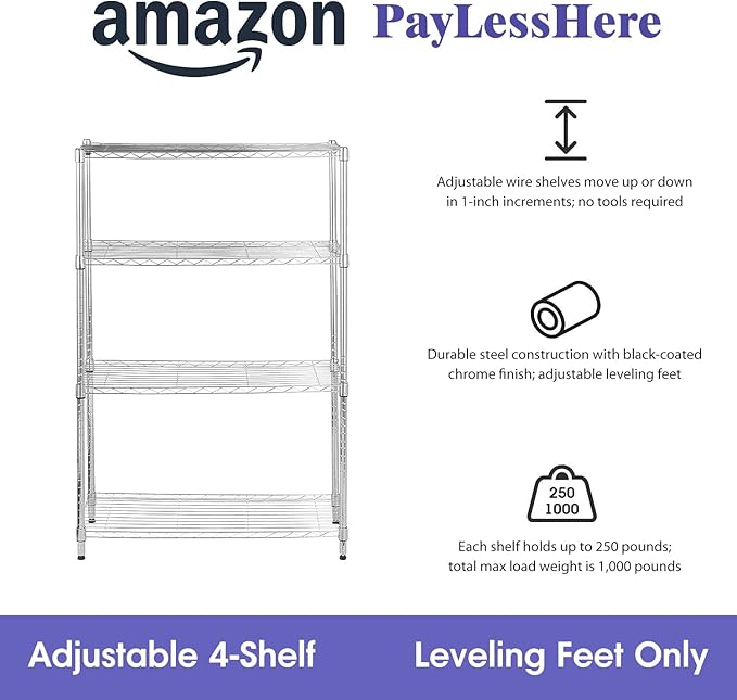 PayLessHere | 4-Tier Wire Shelf | 36"x14"x54" | Chrome | Adjustable Racks | Heavy-Duty Storage Shelves, Holds Upto 1000 lbs | Rust-Resistant, No-Tool Assembly | for Home, Garage Shelving