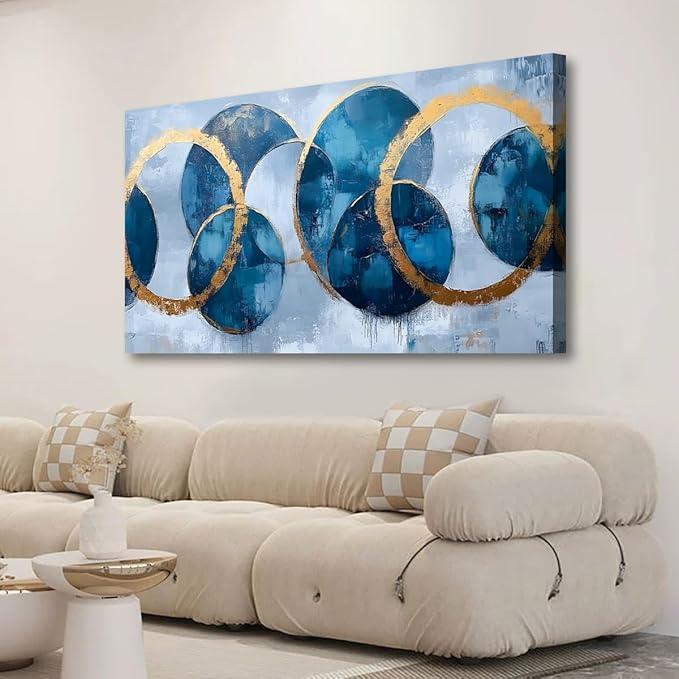 Abstract Pictures Canvas Wall Art for Living room Office Bedroom Wall Decor, Ring Wall Art Print Paintings Modern Blue Golden Abstraction Artwork Waterproof Ready to Hang-20x40inch