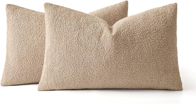 MIULEE 12x20 Inch Decorative Lumbar Throw Pillows for Bed Set of 2 Textured Boucle Neutral Throw Pillow Covers Khaki Accent Solid Pillowcase Cozy Soft Sofa Livingroom Home Decor