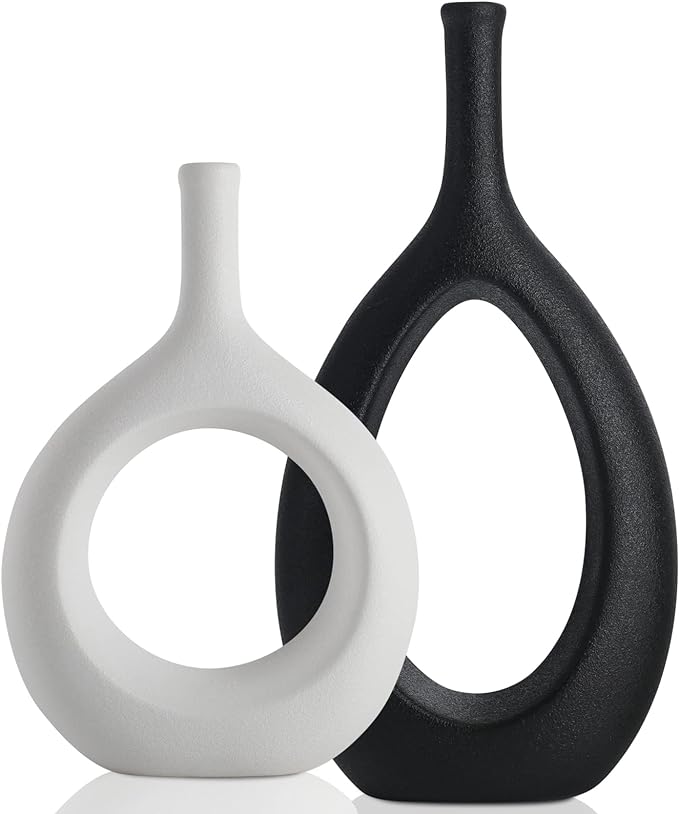 Black and White Ceramic Hollow Elliptical Vase Set of 2 - Boho Circle Vase with Hole, for Modern Black and White Table Decor, Living Room Decor Shelf mid Century Modern Home Entrance Decorative vase