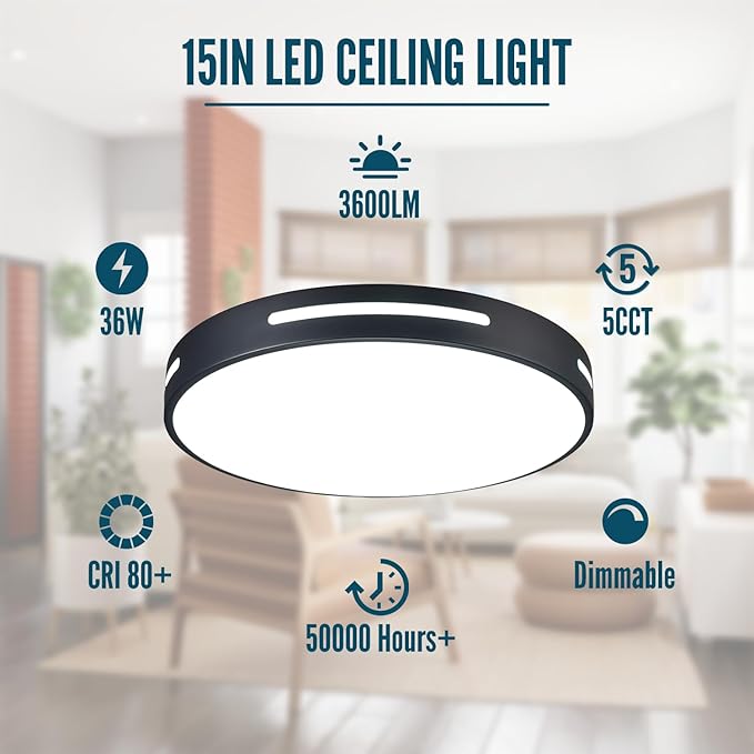 15 inch LED Flush Mount Ceiling Light Fixture Set of 2, 36W Dimmable Kitchen Lighting Fixtures Ceiling LED, Black Light Fixtures Ceiling Mount for Bedroom, Bathroom, Living Room