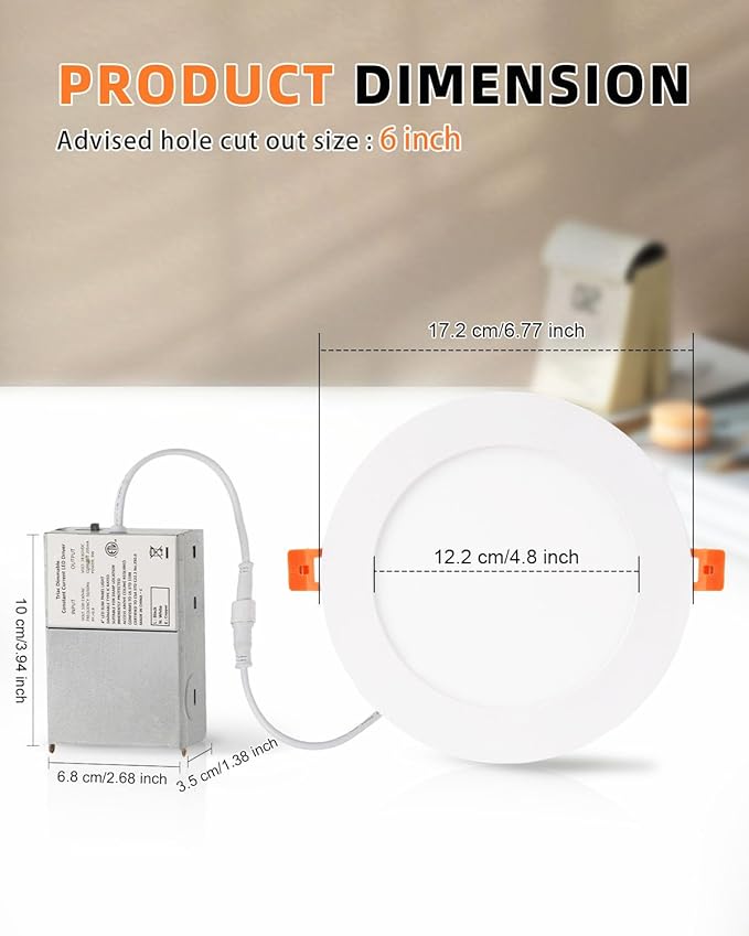 ZYC Recessed Lighting 6 Inch - 12W Ultra-Thin LED Ceiling Lights,2700-5000K Selectable,5CCT Dimmable Canless Wafer Downlight,1100LM Hight Brightness,Dimmable Can Light,Pack of 12 White.