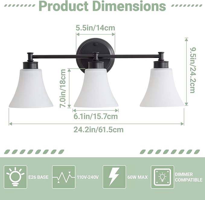LOUSACE 3 Light Bathroom Vanity Light Matte Black Bathroom Lighting Fixtures Over Mirror with Opal White Frosted Glass, Vintage Traditional Wall Lighting Fixture Vanity Sconces Light for Bedroom