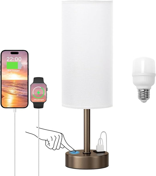 Bedside Touch Table Lamps for Bedroom Nightstand with USB-C USB-A Charging Ports, White & Brown 3 Way Dimmable Small Desk Lamp for Office, Living Room, Reading, Dorm