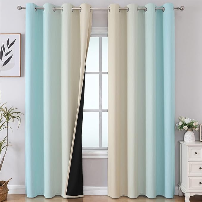 Estelar Textiler Beige and Aqua Blackout Curtains for Bedroom, Thermal Insulated Drapes 108 Inches Long, Full Light Blocking Energy Saving Long Curtains for Living Room, 52Wx108L, 2 Panels