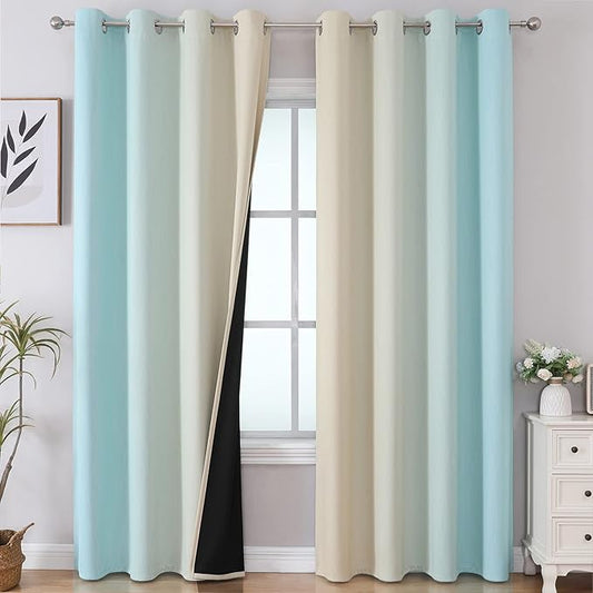 Estelar Textiler Beige and Aqua Ombre Blackout Curtains 90 Inch Length 2 Panels Set, Thermal Insulated Drapes for Bedroom, Full Room Darkening Grommet Gradient Curtains for Living Room,52Wx90L